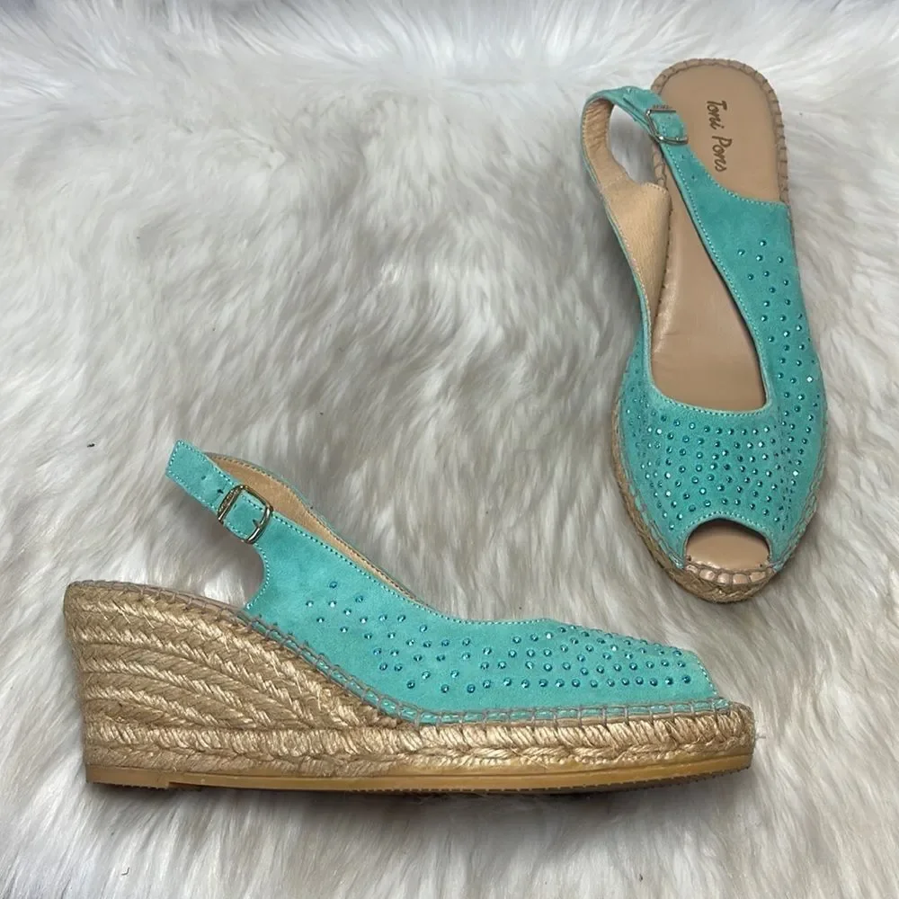 Toni Pons Turquoise Studded Wedge Peep Toe Espadrilles Sz 39/US 8‎